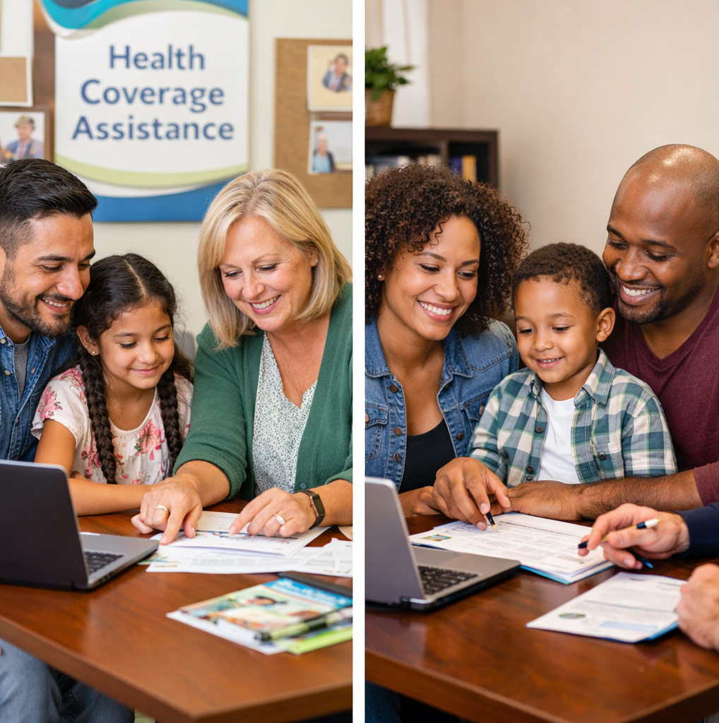 Family meeting with a health insurance advisor to review coverage options together at a community assistance office.